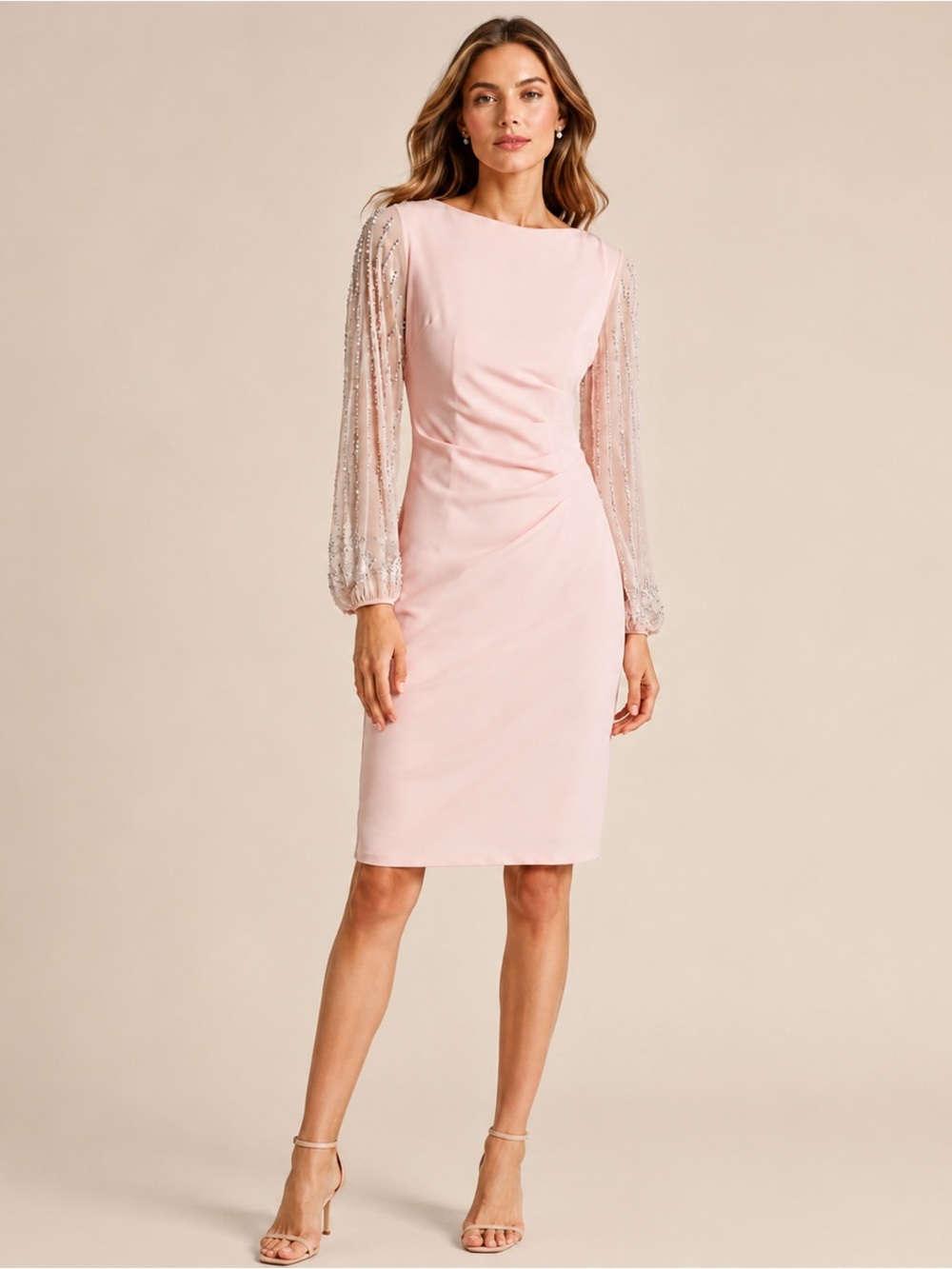 Marina Blush Beaded Long Sleeve Cocktail Pink Dress Size 14